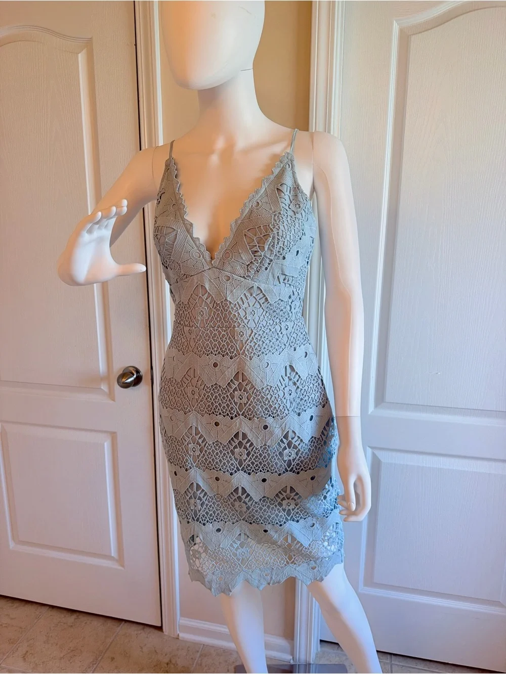 Lulus Sway Away Light Blue Crochet Lace V-Neck Dress Size S